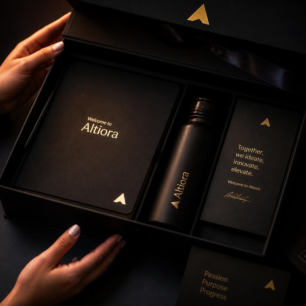 Kit de boas-vindas com garrafa branca, caderno e itens corporativos personalizados