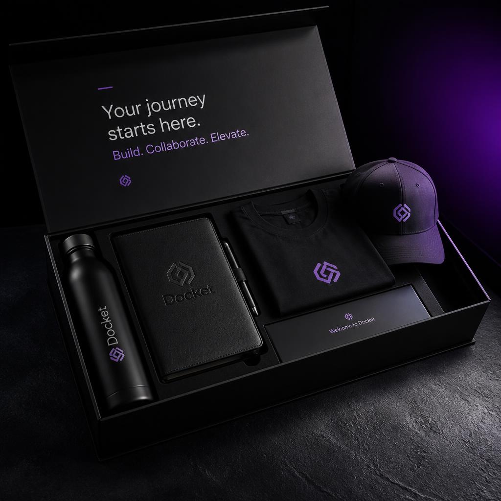 Kit onboarding corporativo com mochila, garrafa, mousepad e caderno em preto sobre superfície escura