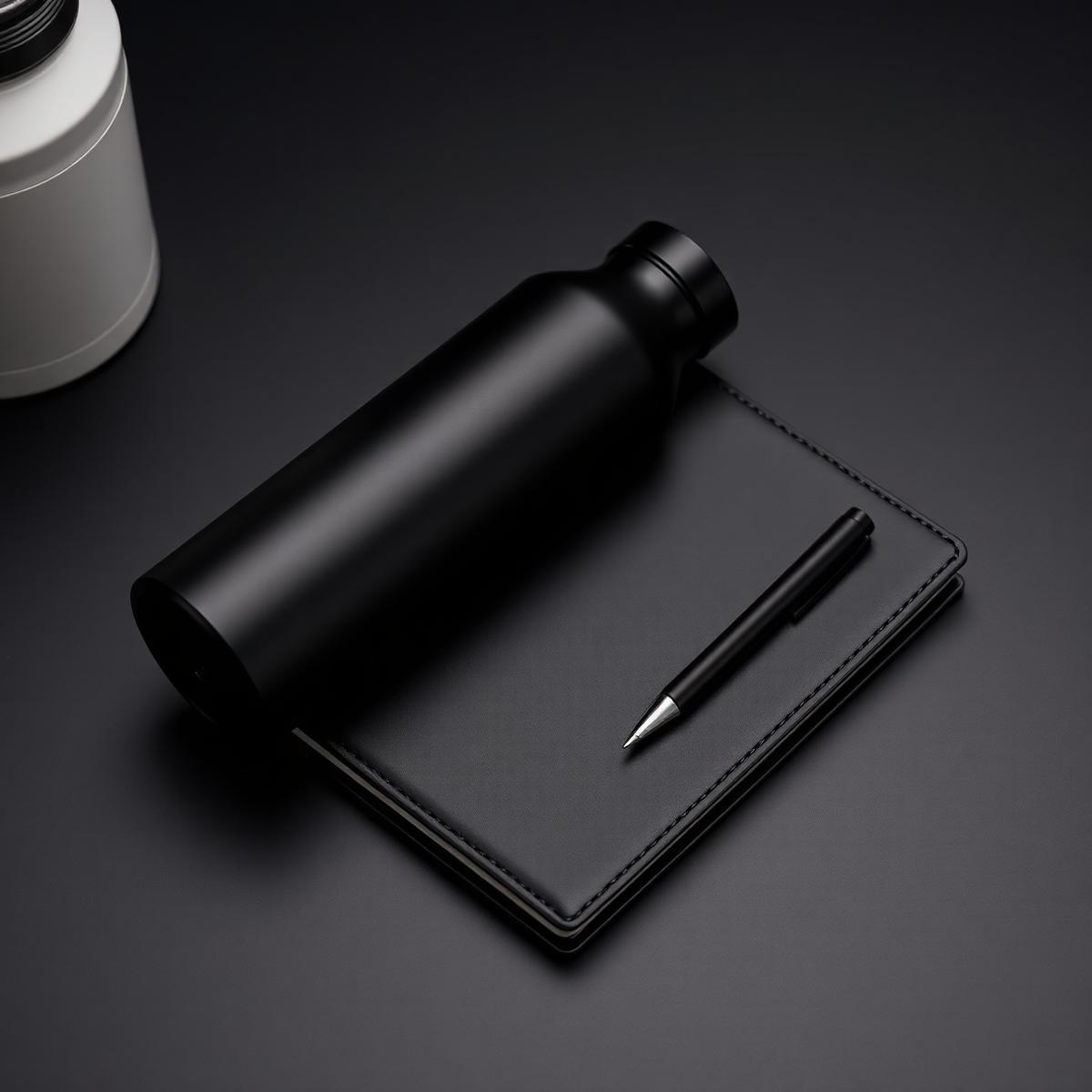 Brinde corporativo com garrafa térmica preta, caderno de couro e caneta matte sobre mesa escura