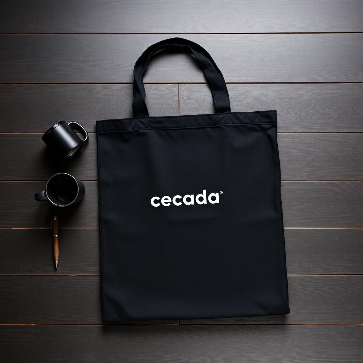 Ecobag preta personalizada com caneca cerâmica e caneta de bambu em flat lay