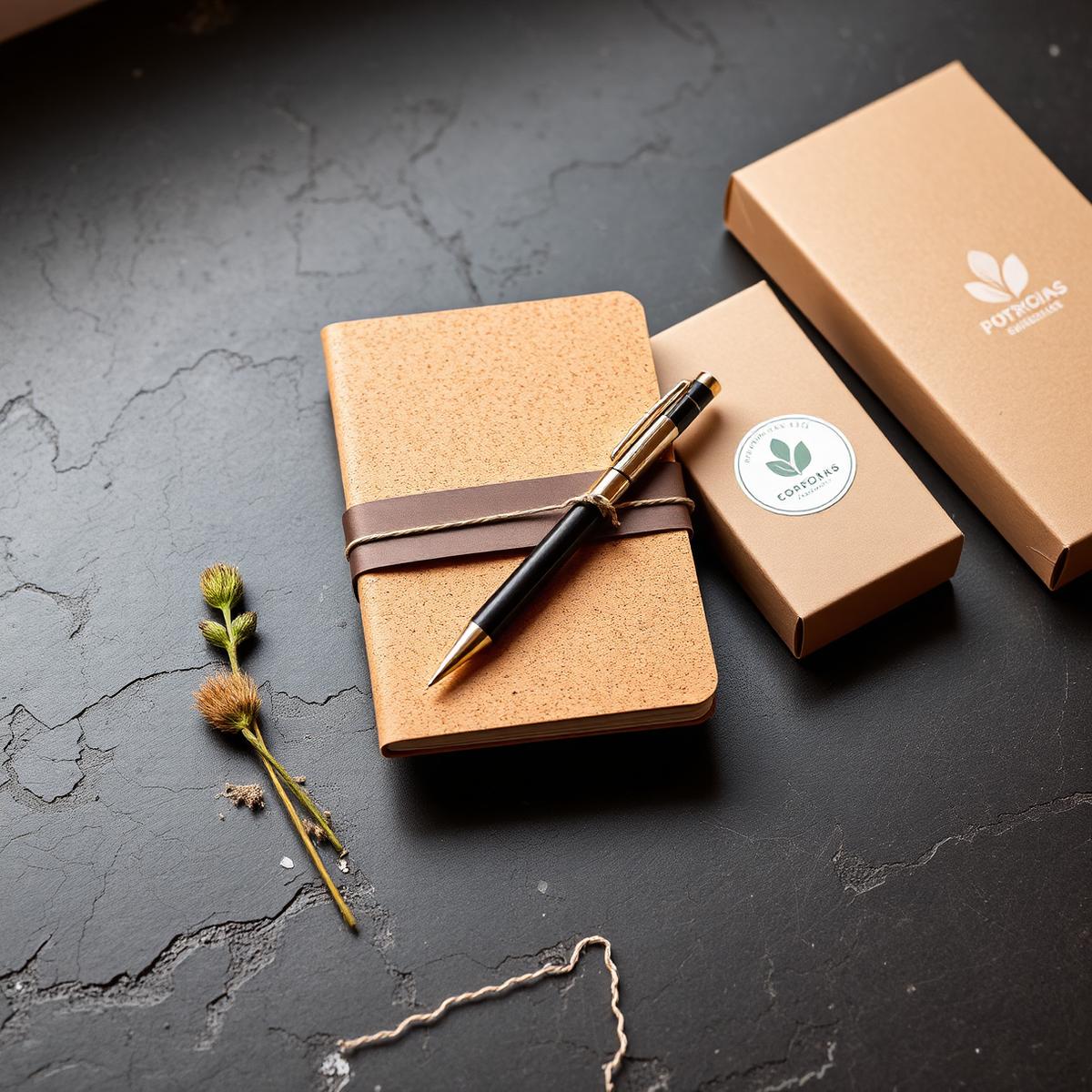 Brindes ecológicos com caderno de cortiça, caneta de bambu e embalagem kraft reciclada