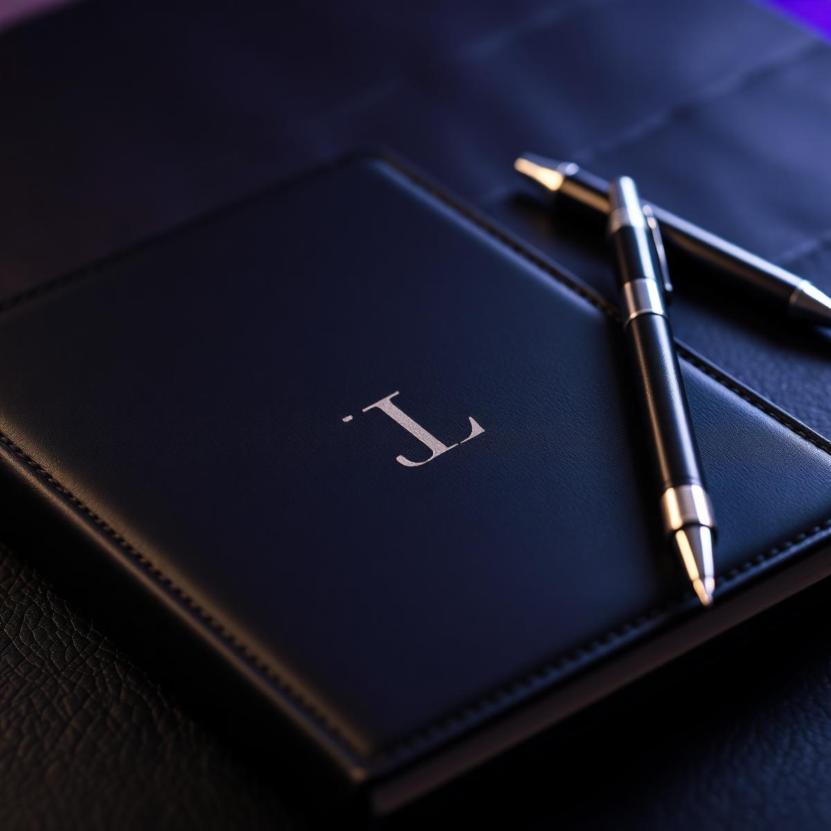 Close-up de caderno de couro preto com monograma laser e caneta metálica premium
