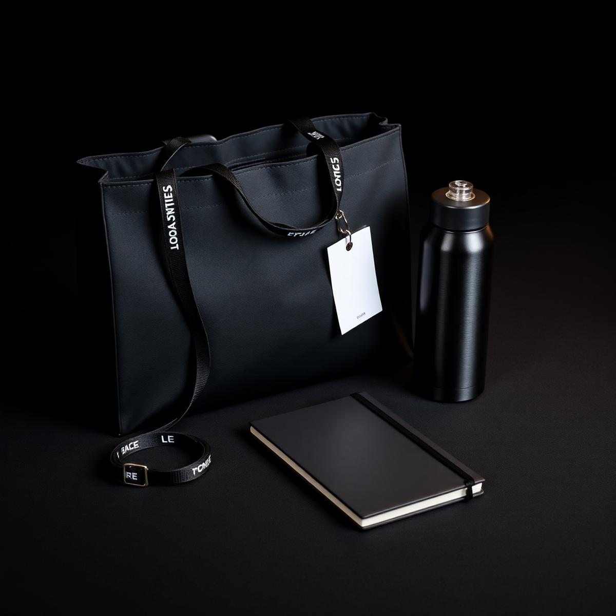Kit para evento corporativo com sacola preta, crachá e garrafa em fundo escuro