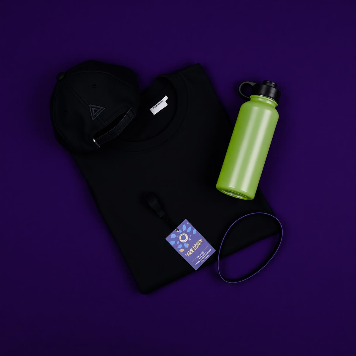 Flat lay de kit de convenção com boné bordado, camiseta preta e garrafa personalizada
