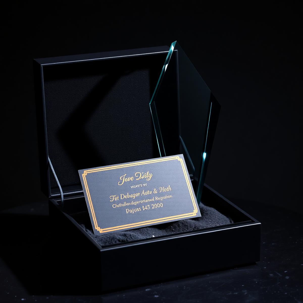 Troféu de premiação em acrílico preto com cartão personalizado em caixa premium