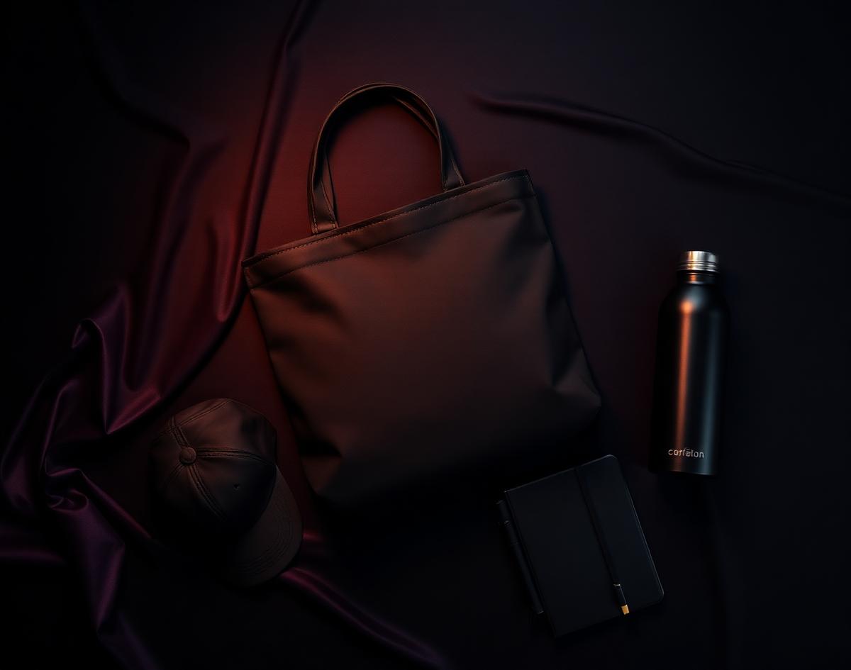 Sacola preta, boné e garrafa térmica sobre tecido roxo escuro, flat lay corporativo