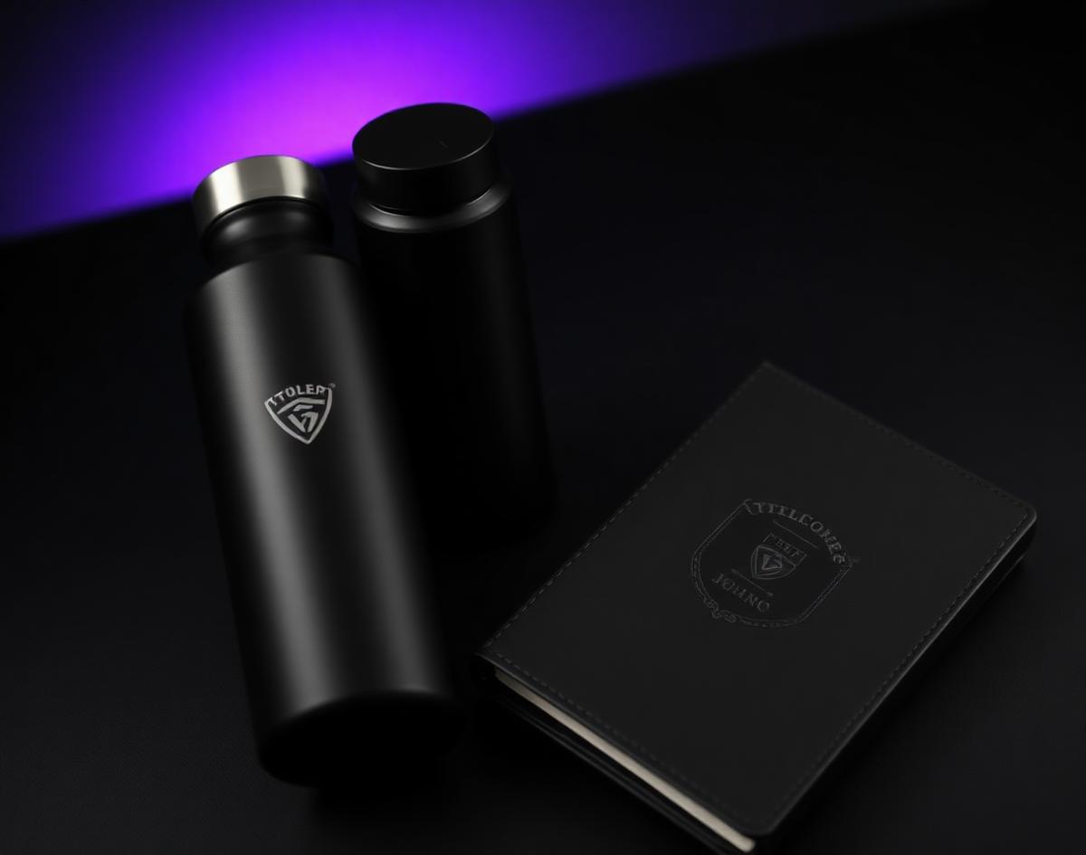 Kit de onboarding com duas garrafas térmicas fosca pretas e caderno preto com luz roxa ao fundo