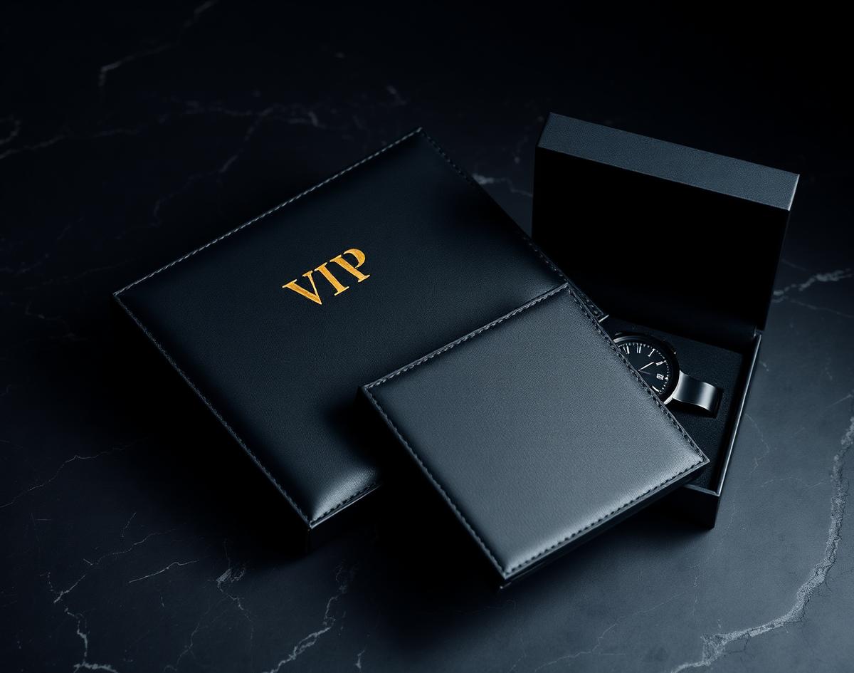 Portfólio de couro preto com monograma dourado VIP e relógio preto em caixa presente premium