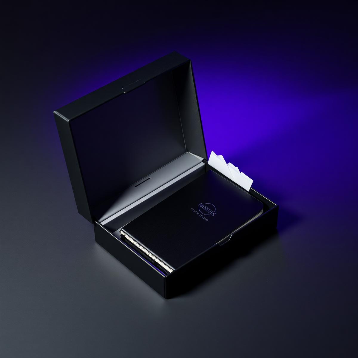 Press kit corporativo em caixa rígida preta com caderno personalizado sob iluminação violeta