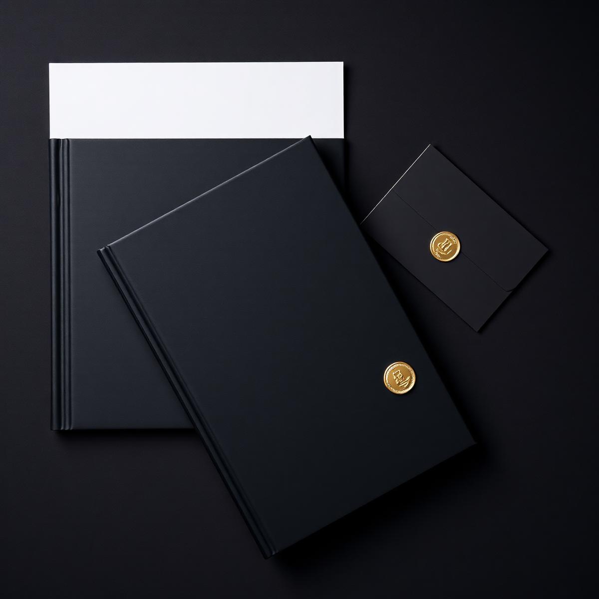 Press kit editorial com livro capa dura preto e envelope selado com hot stamping dourado
