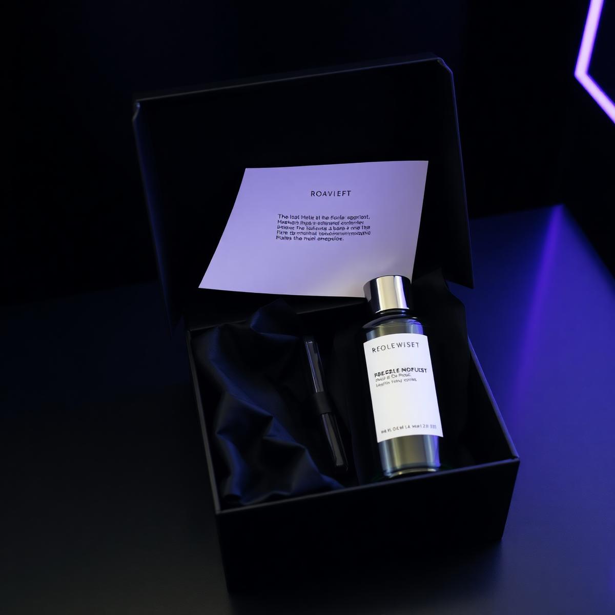 Press kit de lançamento com frasco de vidro e cartão em caixa preta com luz violeta