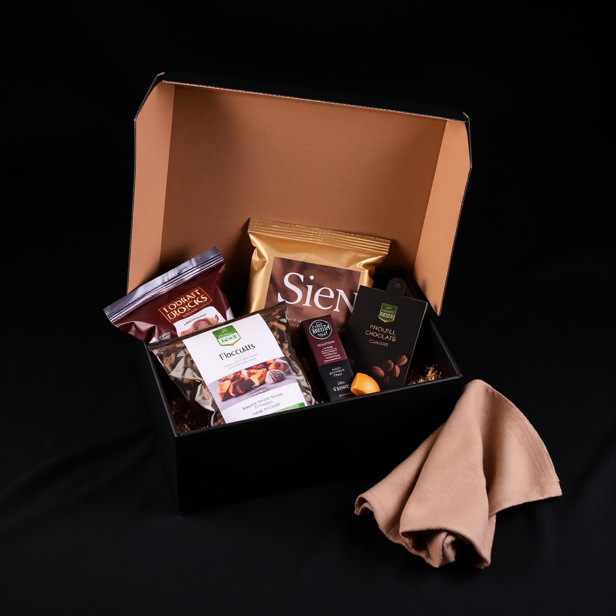 Kit sazonal corporativo de fim de ano com gourmet, chocolates e itens premium em caixa preta