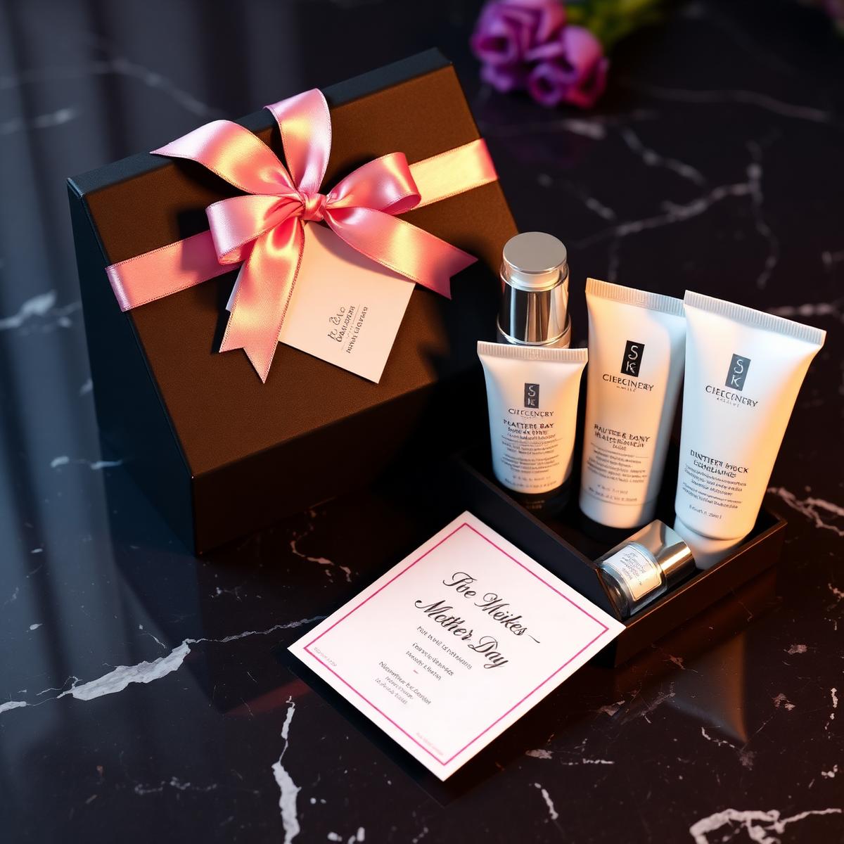 Kit sazonal de dia das mães com produtos de skincare, laço rosa e cartão em mármore escuro