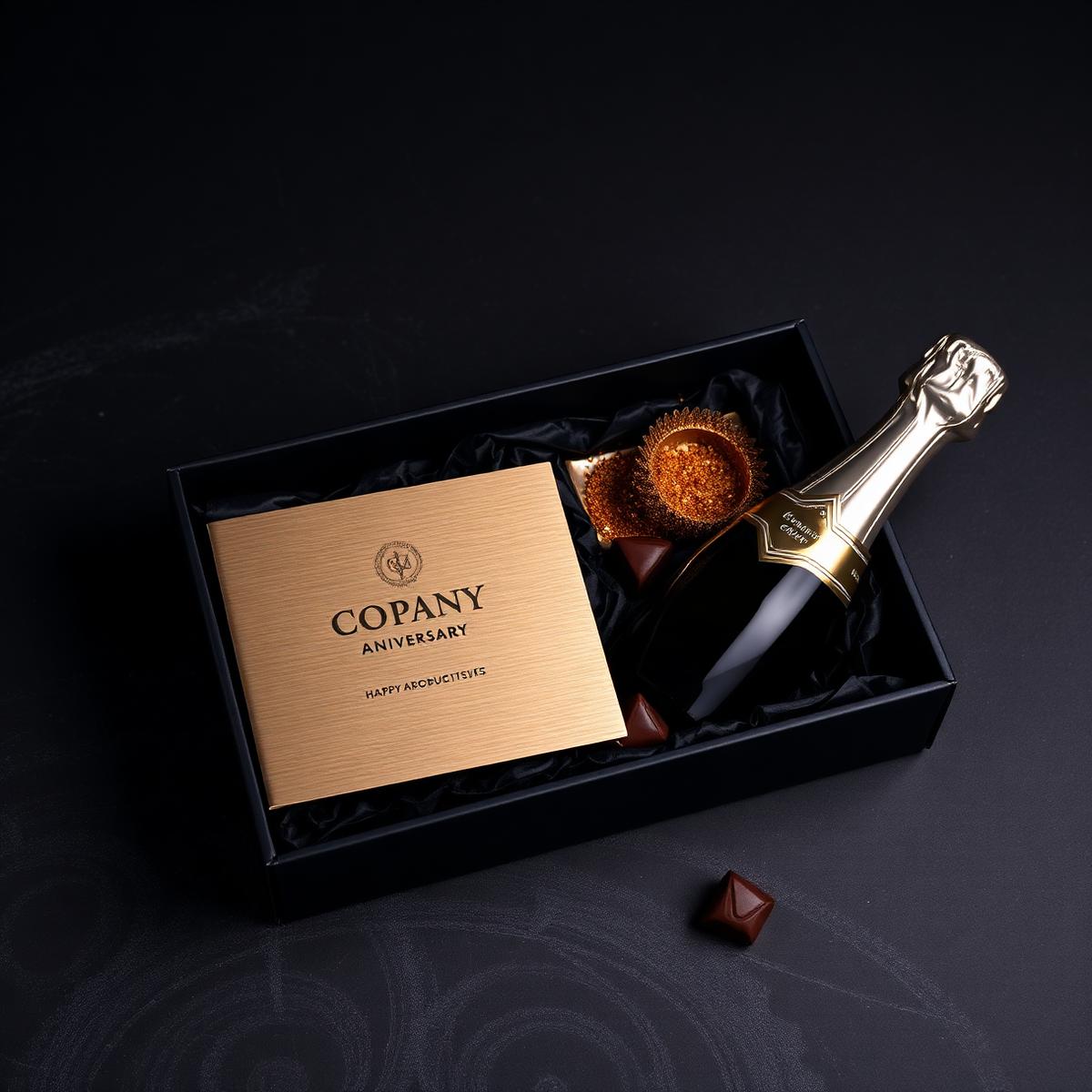 Kit sazonal de aniversário da empresa com cartão metálico e chocolates finos em caixa preta